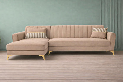Adorn India Premium Luster 8 Seater L Shape Sofa Set with 2 Puffy & 1 Center Table | Velvet Suede Fabric | 3-Year Warranty | LHS | Beige with Golden Legs & Striped Pattern Cushion