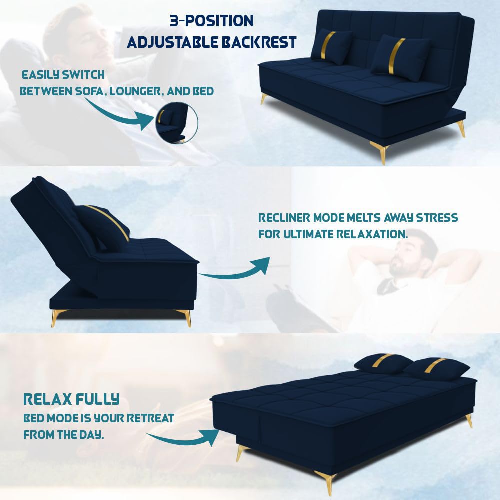 Adorn India Premium New Alyssum 3 Seater Sofa Cum Bed 4X6 Velvet Suede with 2 Cushions (Color Blue) and Suitable for All Indoor, with 3 Years Warranty