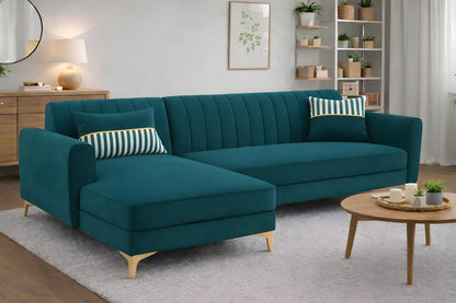 Adorn India Premium Luster 6 Seater L Shape Sofa Set | Velvet Suede Fabric | 3-Year Warranty | LHS |Color Ocean Blue with Golden Legs & Striped Pattern Cushion