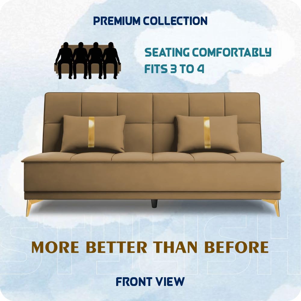 Adorn India Wood New Alyssum 3 Seater Sofa Cum Bed Velvet (Beige)