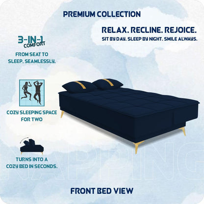 Adorn India Premium New Alyssum 3 Seater Sofa Cum Bed 4X6 Velvet Suede with 2 Cushions (Color Blue) and Suitable for All Indoor, with 3 Years Warranty