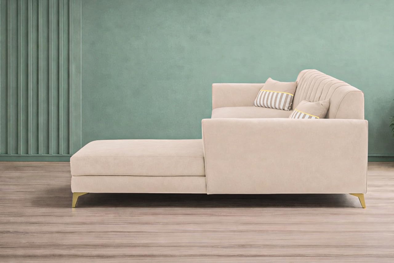 Adorn India Premium Luster 6 Seater L Shape Sofa Set | Velvet Suede Fabric | 3-Year Warranty | RHS |Color Cream with Golden Legs & Striped Pattern Cushion