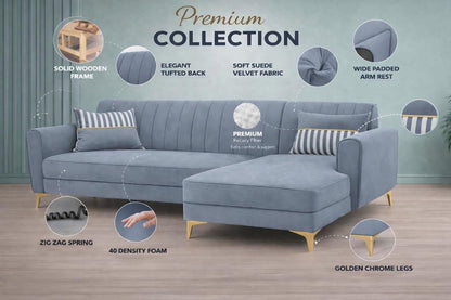 Adorn India Premium Luster 6 Seater L Shape Sofa Set | Velvet Suede Fabric | 3-Year Warranty | RHS |Color Grey with Golden Legs & Striped Pattern Cushion