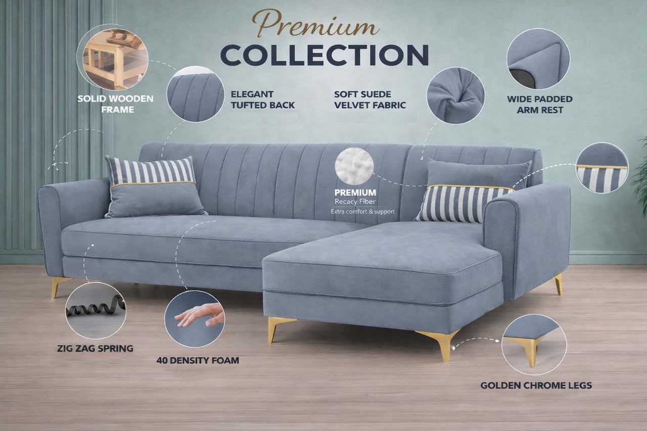 Adorn India Premium Luster 8 Seater L Shape Sofa Set with 2 Puffy & 1 Center Table | Velvet Suede Fabric | 3-Year Warranty | RHS | Grey with Golden Legs & Striped Pattern Cushion