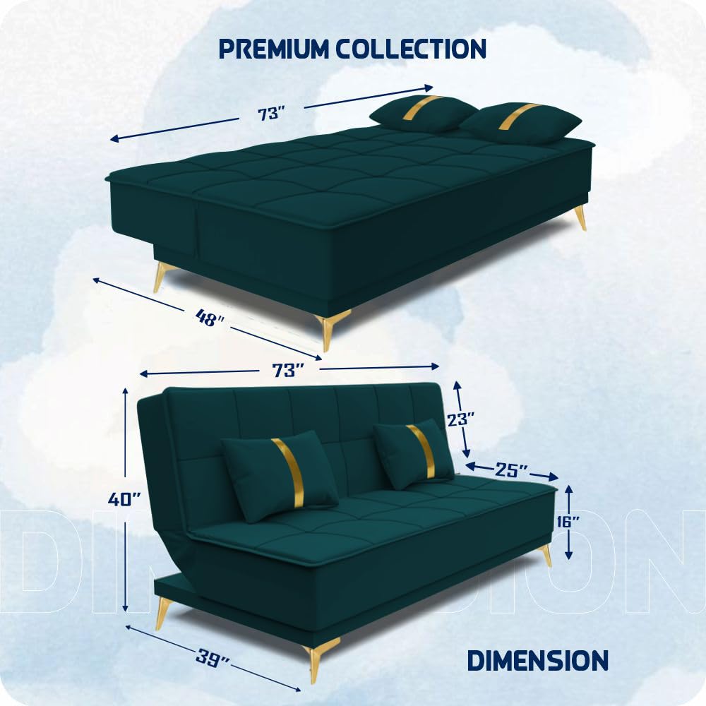 Adorn India Premium New Alyssum 3 Seater Sofa Cum Bed 4X6 Velvet Suede with 2 Cushions (Color Ocean Blue) and Suitable for All Indoor, with 3 Years Warranty