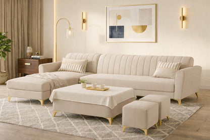 Adorn India Premium Luster 8 Seater L Shape Sofa Set with 2 Puffy & 1 Center Table | Velvet Suede Fabric | 3-Year Warranty | LHS | Cream with Golden Legs & Striped Pattern Cushion