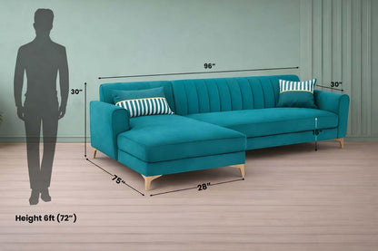 Adorn India Premium Luster 8 Seater L Shape Sofa Set with 2 Puffy & 1 Center Table | Velvet Suede Fabric | 3-Year Warranty | LHS | Aqua Blue with Golden Legs & Striped Pattern Cushion