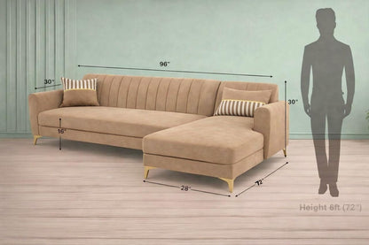 Adorn India Premium Luster 6 Seater L Shape Sofa Set | Velvet Suede Fabric | 3-Year Warranty | RHS |Color Camel with Golden Legs & Striped Pattern Cushion