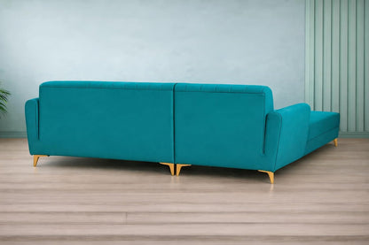 Adorn India Premium Luster 6 Seater L Shape Sofa Set | Velvet Suede Fabric | 3-Year Warranty | LHS |Color Aqua Blue with Golden Legs & Striped Pattern Cushion