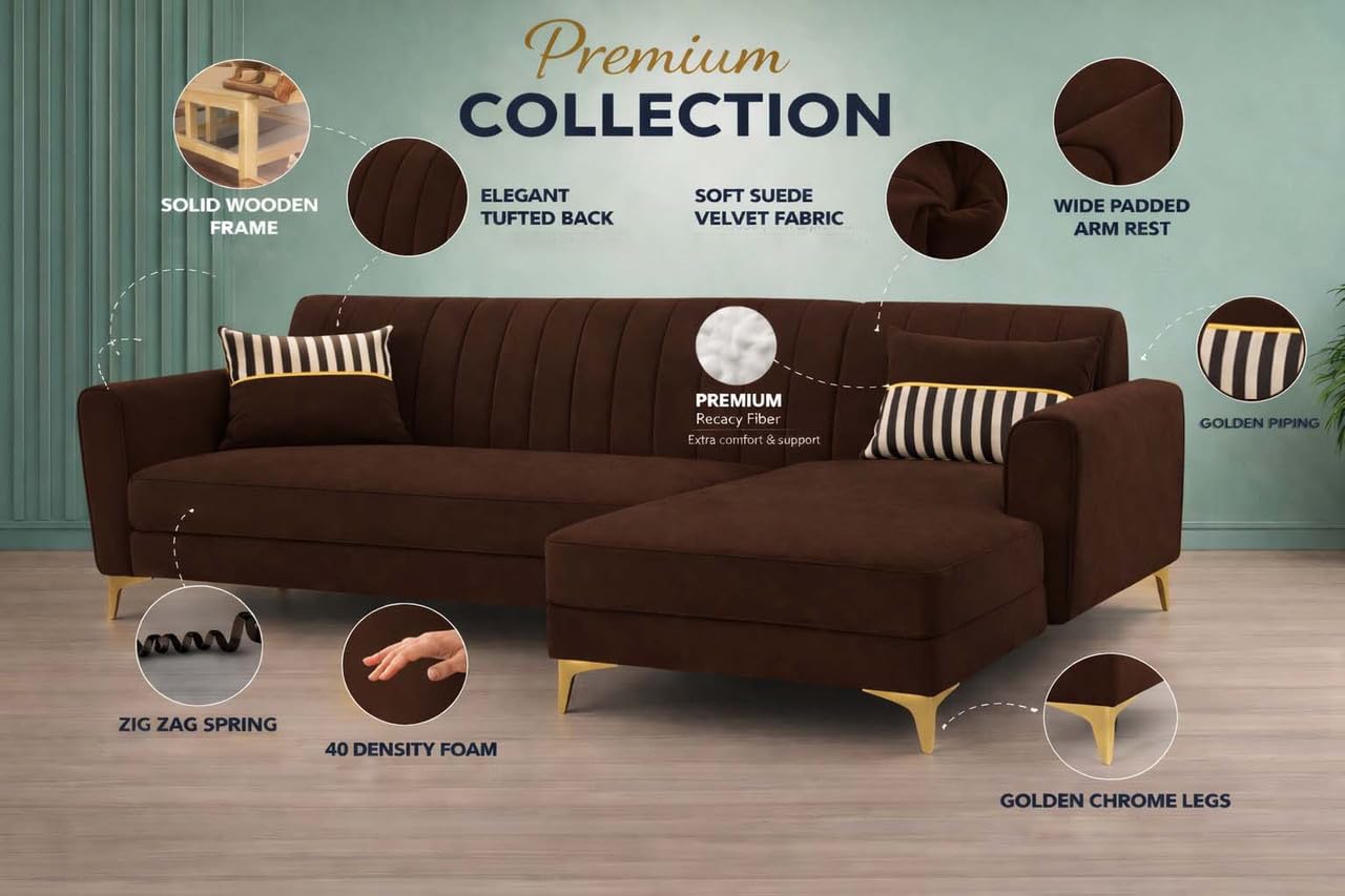 Adorn India Premium Luster 6 Seater L Shape Sofa Set | Velvet Suede Fabric | 3-Year Warranty | RHS |Color Brown with Golden Legs & Striped Pattern Cushion