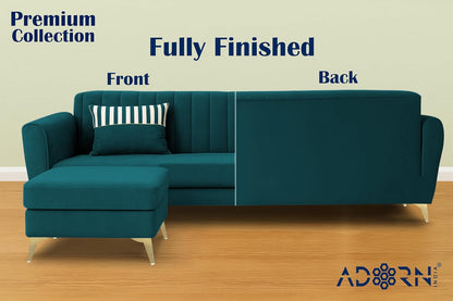 Adorn India Premium Luster 4 Seater L Shape Sofa Set | Velvet Suede Fabric | 3-Year Warranty | Color Ocean Blue with Golden Legs & Striped Pattern Cushion