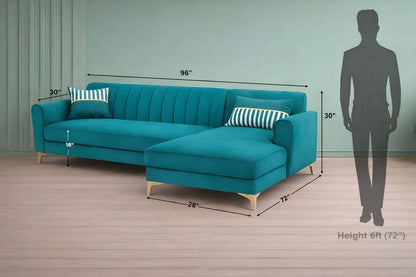 Adorn India Premium Luster 6 Seater L Shape Sofa Set | Velvet Suede Fabric | 3-Year Warranty | RHS |Color Aqua Blue with Golden Legs & Striped Pattern Cushion