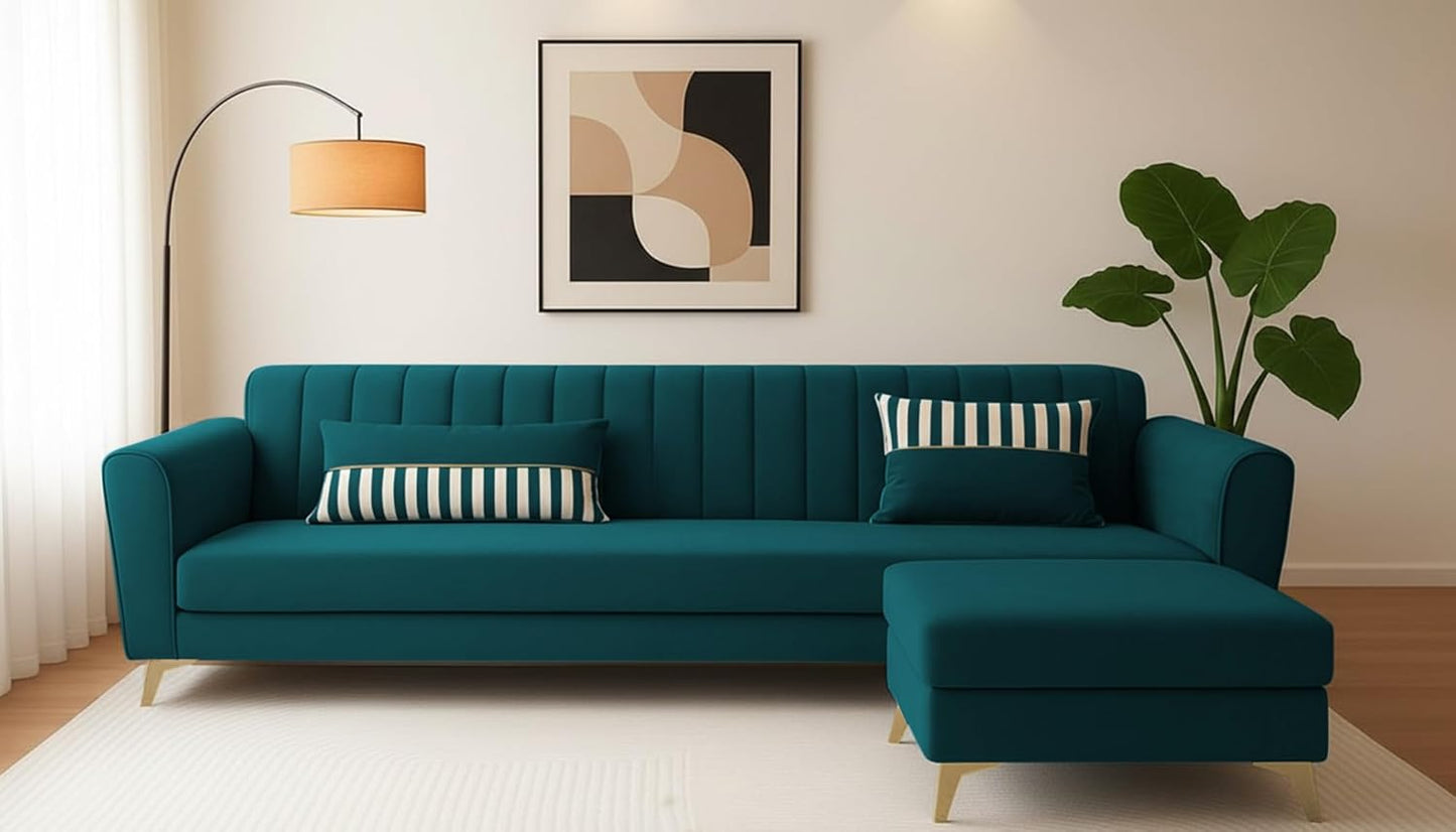 Adorn India Premium Luster 4 Seater L Shape Sofa Set | Velvet Suede Fabric | 3-Year Warranty | Color Ocean Blue with Golden Legs & Striped Pattern Cushion