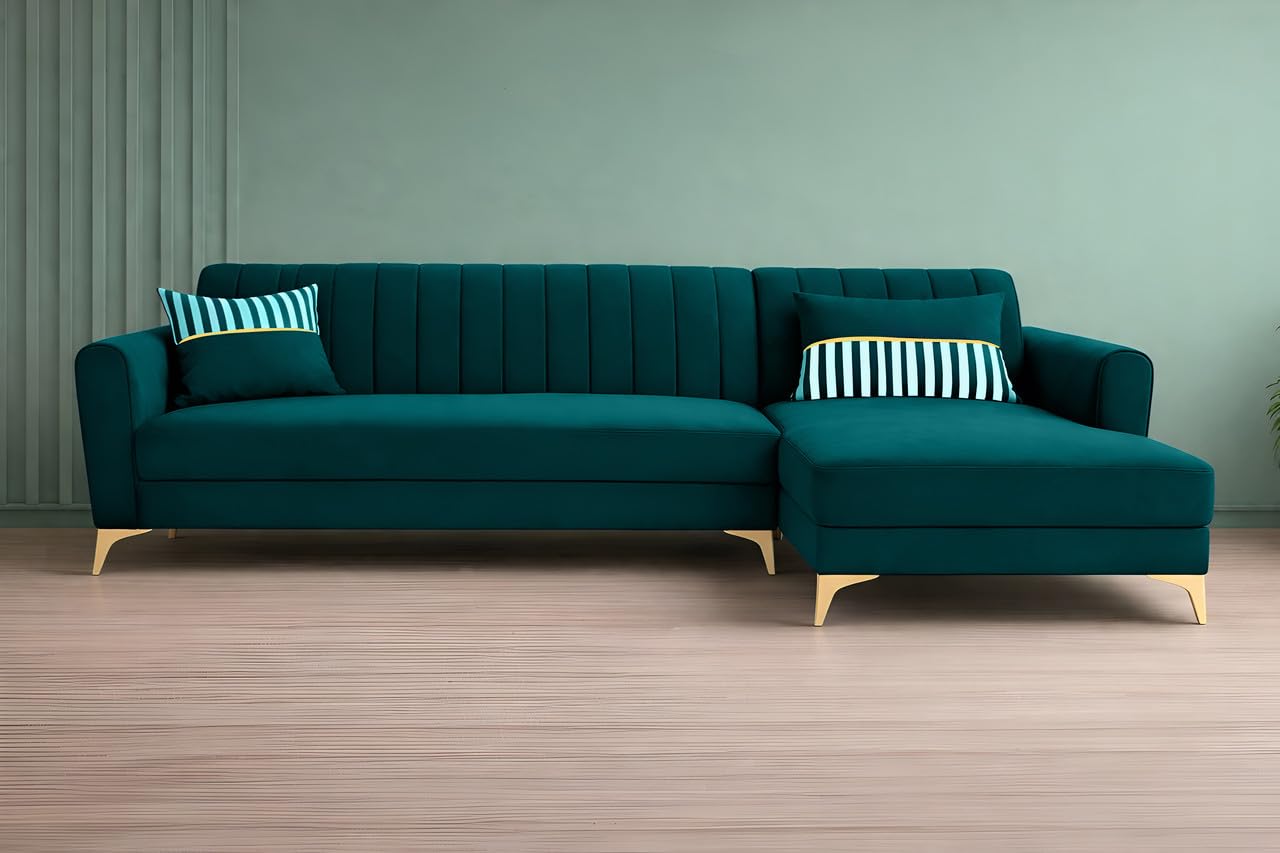 Adorn India Premium Luster 6 Seater L Shape Sofa Set | Velvet Suede Fabric | 3-Year Warranty | RHS |Color Ocean Blue with Golden Legs & Striped Pattern Cushion
