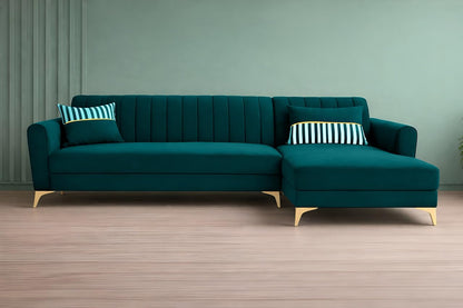 Adorn India Premium Luster 6 Seater L Shape Sofa Set | Velvet Suede Fabric | 3-Year Warranty | RHS |Color Ocean Blue with Golden Legs & Striped Pattern Cushion