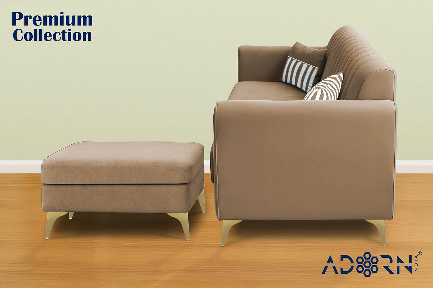 Adorn India Premium Luster 4 Seater L Shape Sofa Set | Velvet Suede Fabric | 3-Year Warranty | Color Camel with Golden Legs & Striped Pattern Cushion