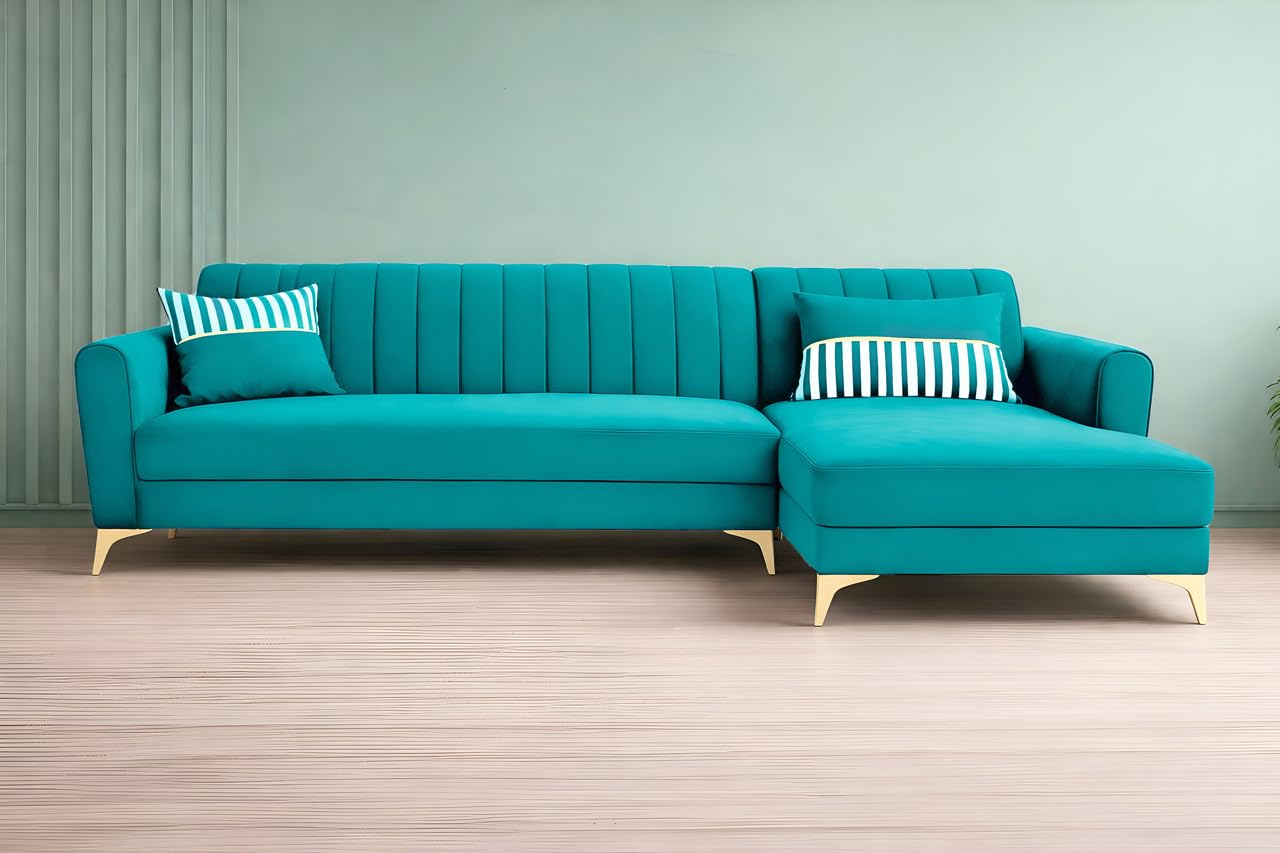Adorn India Premium Luster 8 Seater L Shape Sofa Set with 2 Puffy & 1 Center Table | Velvet Suede Fabric | 3-Year Warranty | RHS | Aqua Blue with Golden Legs & Striped Pattern Cushion
