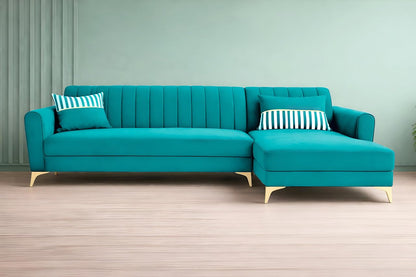 Adorn India Premium Luster 8 Seater L Shape Sofa Set with 2 Puffy & 1 Center Table | Velvet Suede Fabric | 3-Year Warranty | RHS | Aqua Blue with Golden Legs & Striped Pattern Cushion
