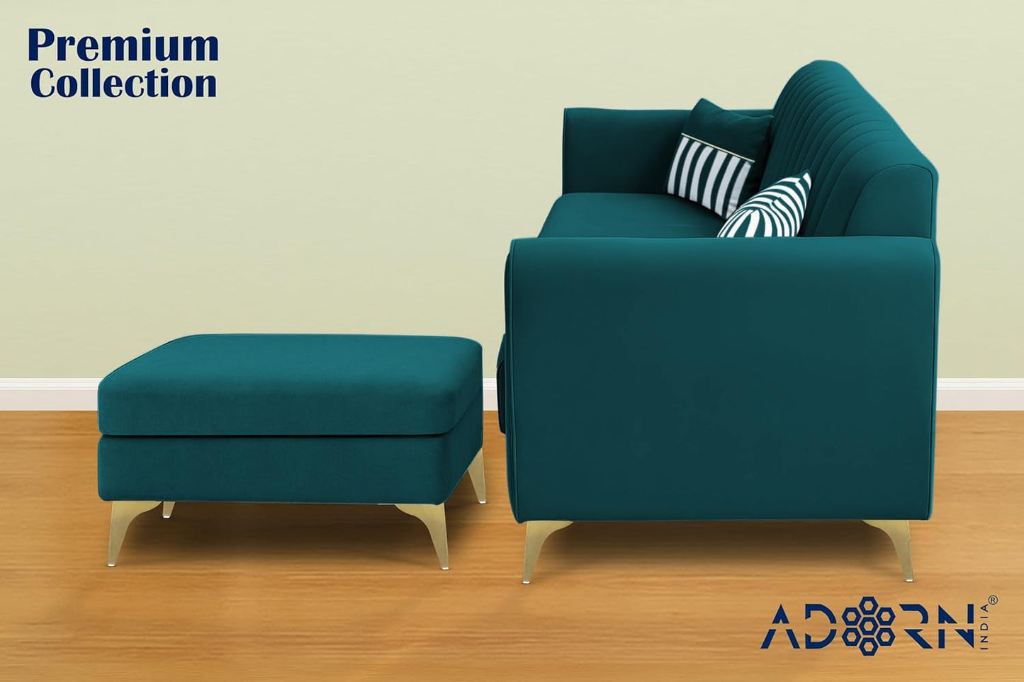 Adorn India Premium Luster 4 Seater L Shape Sofa Set | Velvet Suede Fabric | 3-Year Warranty | Color Ocean Blue with Golden Legs & Striped Pattern Cushion