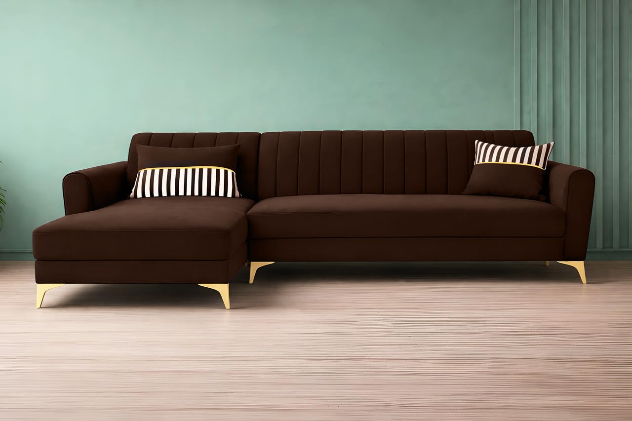 Adorn India Premium Luster 8 Seater L Shape Sofa Set with 2 Puffy & 1 Center Table | Velvet Suede Fabric | 3-Year Warranty | LHS | Brown with Golden Legs & Striped Pattern Cushion