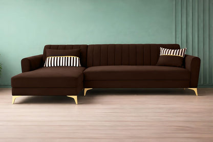 Adorn India Premium Luster 8 Seater L Shape Sofa Set with 2 Puffy & 1 Center Table | Velvet Suede Fabric | 3-Year Warranty | LHS | Brown with Golden Legs & Striped Pattern Cushion