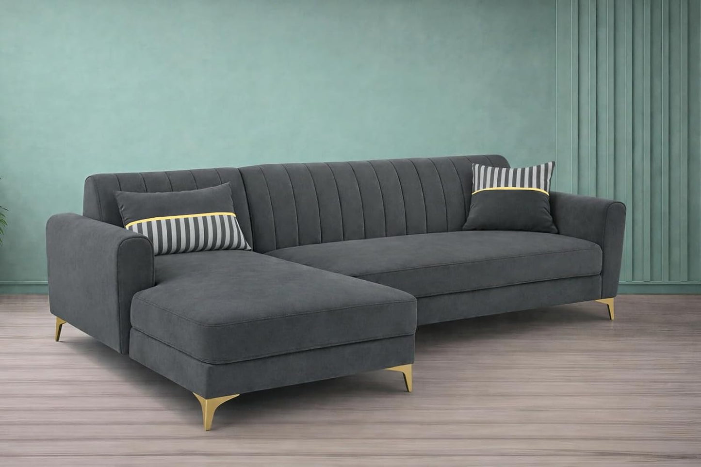 Adorn India Premium Luster 6 Seater L Shape Sofa Set | Velvet Suede Fabric | 3-Year Warranty | LHS |Color Dark Grey with Golden Legs & Striped Pattern Cushion