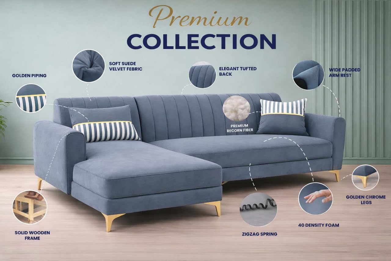 Adorn India Premium Luster 8 Seater L Shape Sofa Set with 2 Puffy & 1 Center Table | Velvet Suede Fabric | 3-Year Warranty | LHS | Grey with Golden Legs & Striped Pattern Cushion