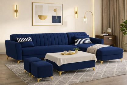 Adorn India Premium Luster 8 Seater L Shape Sofa Set with 2 Puffy & 1 Center Table | Velvet Suede Fabric | 3-Year Warranty | RHS | Blue with Golden Legs & Striped Pattern Cushion