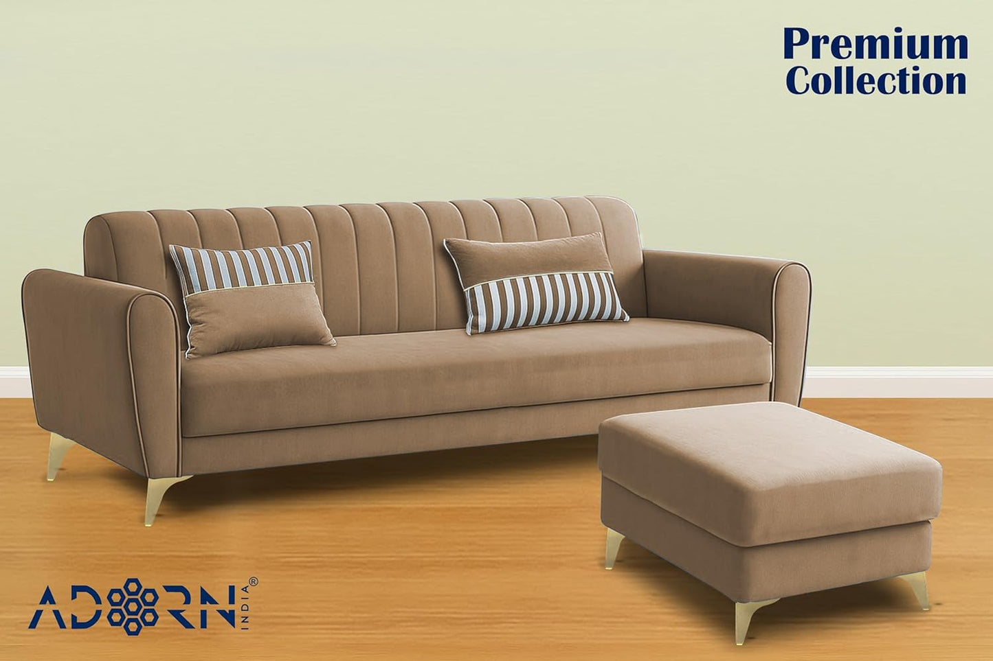 Adorn India Premium Luster 4 Seater L Shape Sofa Set | Velvet Suede Fabric | 3-Year Warranty | Color Camel with Golden Legs & Striped Pattern Cushion