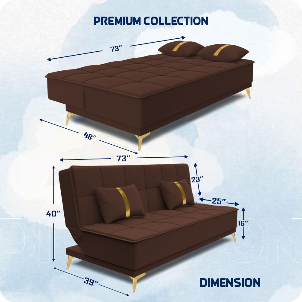 Adorn India Premium New Alyssum 3 Seater Sofa Cum Bed 4X6 Velvet Suede with 2 Cushions (Color Brown) and Suitable for All Indoor, with 3 Years Warranty