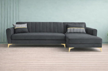 Adorn India Premium Luster 6 Seater L Shape Sofa Set | Velvet Suede Fabric | 3-Year Warranty | RHS |Color Dark Grey with Golden Legs & Striped Pattern Cushion