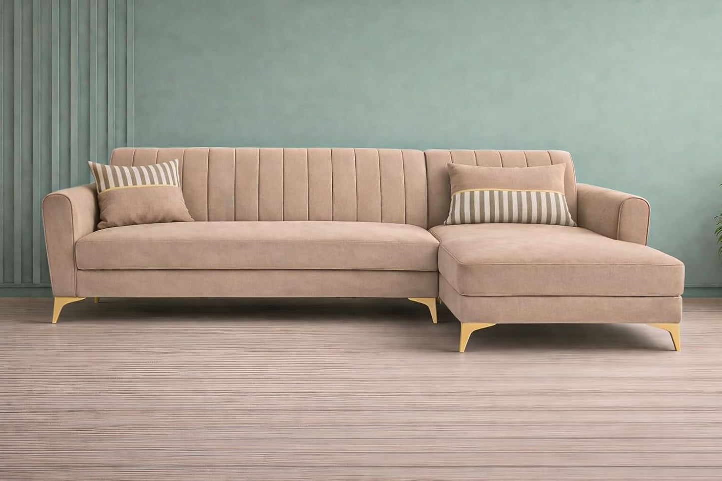 Adorn India Premium Luster 8 Seater L Shape Sofa Set with 2 Puffy & 1 Center Table | Velvet Suede Fabric | 3-Year Warranty | RHS | Beige with Golden Legs & Striped Pattern Cushion