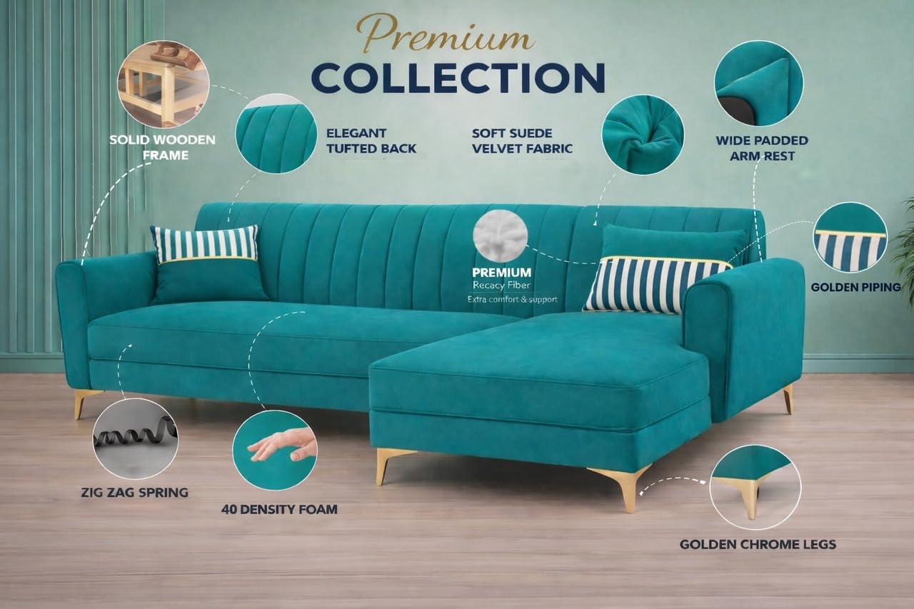 Adorn India Premium Luster 6 Seater L Shape Sofa Set | Velvet Suede Fabric | 3-Year Warranty | RHS |Color Aqua Blue with Golden Legs & Striped Pattern Cushion