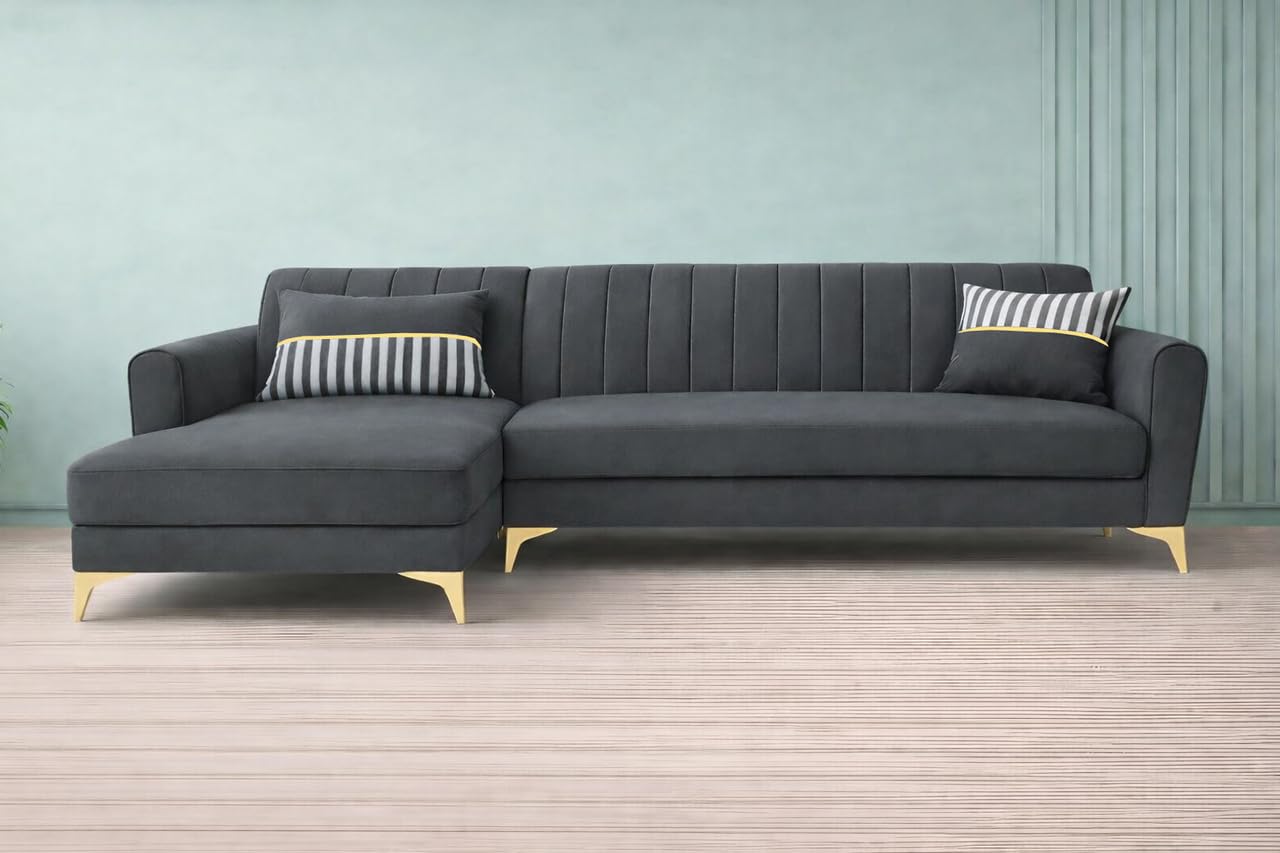 Adorn India Premium Luster 8 Seater L Shape Sofa Set with 2 Puffy & 1 Center Table | Velvet Suede Fabric | 3-Year Warranty | LHS | Dark Grey with Golden Legs & Striped Pattern Cushion