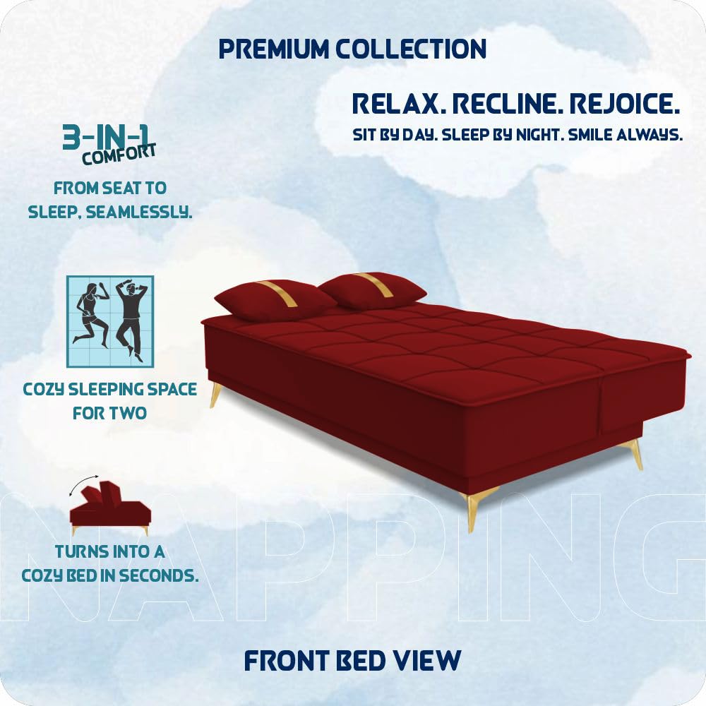 Adorn India Premium New Alyssum 3 Seater Sofa Cum Bed 4X6 Velvet Suede with 2 Cushions (Color Red) and Suitable for All Indoor, with 3 Years Warranty