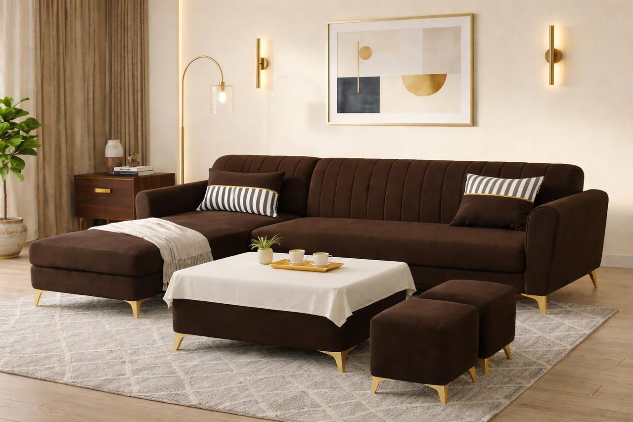 Adorn India Premium Luster 8 Seater L Shape Sofa Set with 2 Puffy & 1 Center Table | Velvet Suede Fabric | 3-Year Warranty | LHS | Brown with Golden Legs & Striped Pattern Cushion