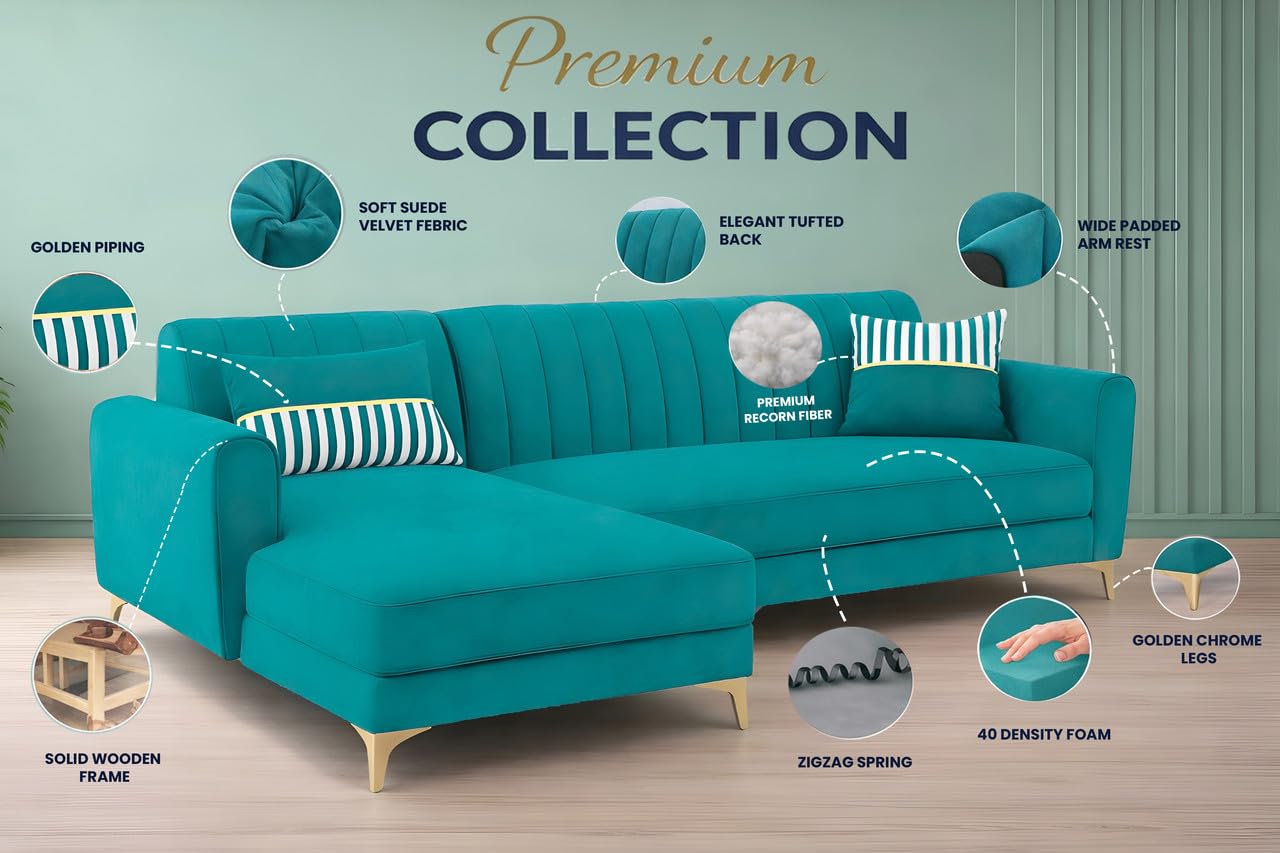 Adorn India Premium Luster 8 Seater L Shape Sofa Set with 2 Puffy & 1 Center Table | Velvet Suede Fabric | 3-Year Warranty | LHS | Aqua Blue with Golden Legs & Striped Pattern Cushion