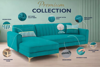 Adorn India Premium Luster 8 Seater L Shape Sofa Set with 2 Puffy & 1 Center Table | Velvet Suede Fabric | 3-Year Warranty | LHS | Aqua Blue with Golden Legs & Striped Pattern Cushion