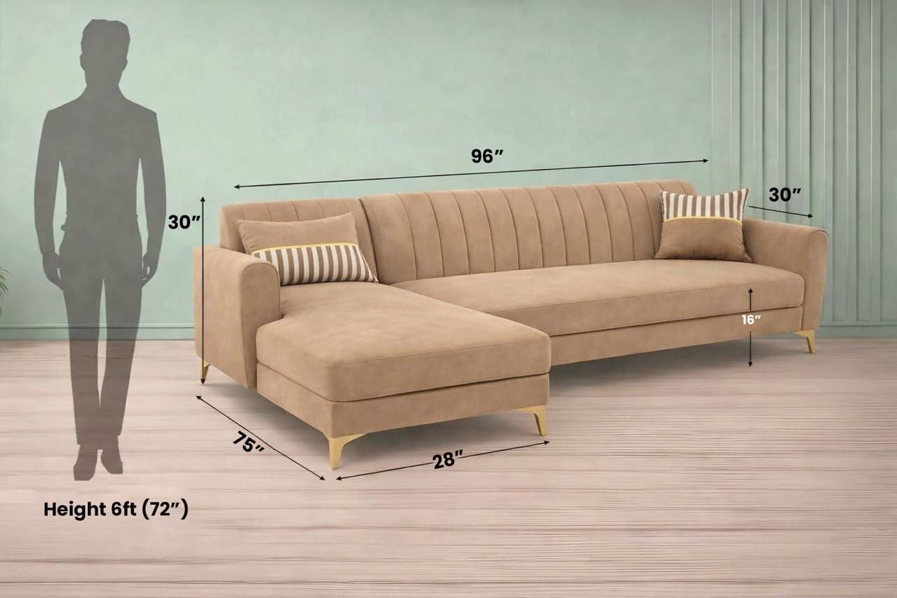 Adorn India Premium Luster 8 Seater L Shape Sofa Set with 2 Puffy & 1 Center Table | Velvet Suede Fabric | 3-Year Warranty | LHS | Camel with Golden Legs & Striped Pattern Cushion