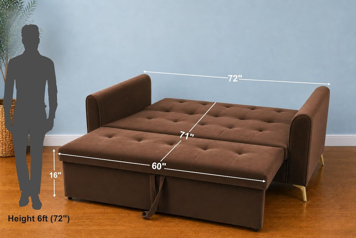 Adorn India Premium Mystic - 3 Years Warranty - 3 Seater Sofa Cum Bed Velvet Suede Fabric - Brown