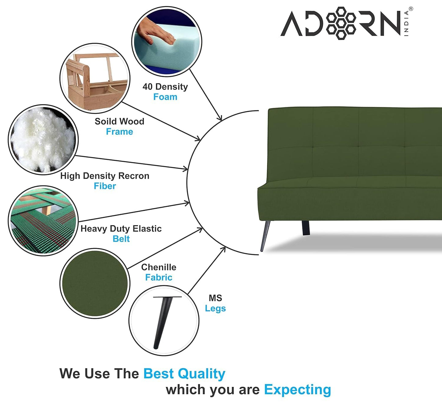 Adorn India Benjamin 3 Seater Sofa Cum Bed (Green) (3 Year Warranty)