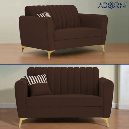 Adorn India Premium Luster 3-2 Sofa Set | Velvet Suede Fabric | 3-Year Warranty | Color Brown with Golden Legs & Striped Pattern Cushion