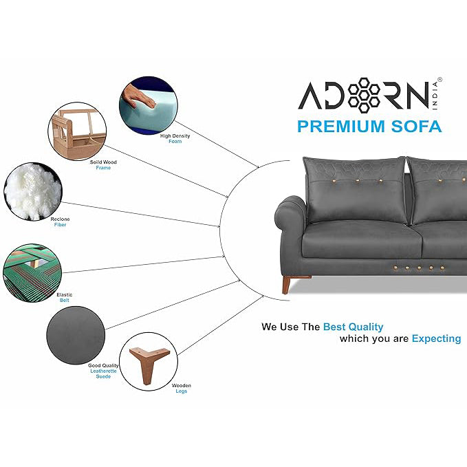 Adorn India Premium Jarvis 3 Seater Sofa (Leatherette Suede Fabric Color Grey)