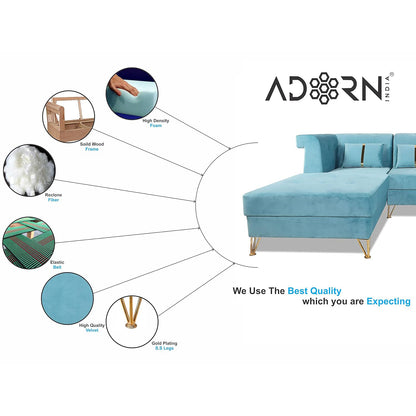 Adorn India Premium Raygan L Shape 6 Seater Sofa Set Left Side (Velvet Suede Fabric Colour Aqua Blue)