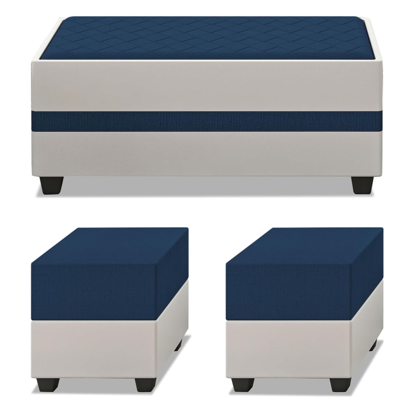Adorn India Ashley Digitel Print Leatherette Fabric L Shape 8 Seater Sofa Set with 2 Ottoman Puffy & Center Table LHS (Blue & White) (3 Year Warranty)