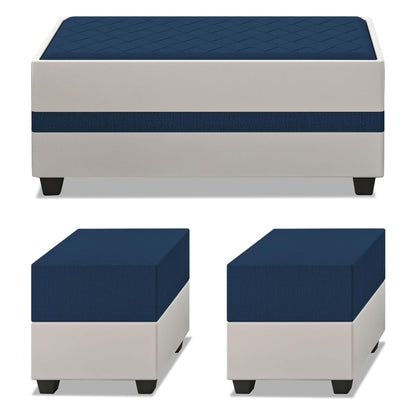 Adorn India Ashley Digitel Print Leatherette Fabric L Shape 8 Seater Sofa Set with 2 Ottoman Puffy & Center Table LHS (Blue & White) (3 Year Warranty)