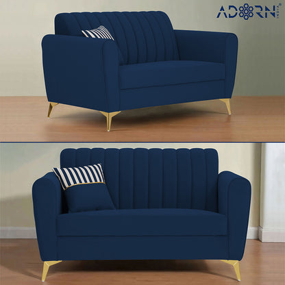 Adorn India Premium Luster 2 Seater | Velvet Suede Fabric | 3-Year Warranty | Color Blue with Golden Legs & Striped Pattern Cushion