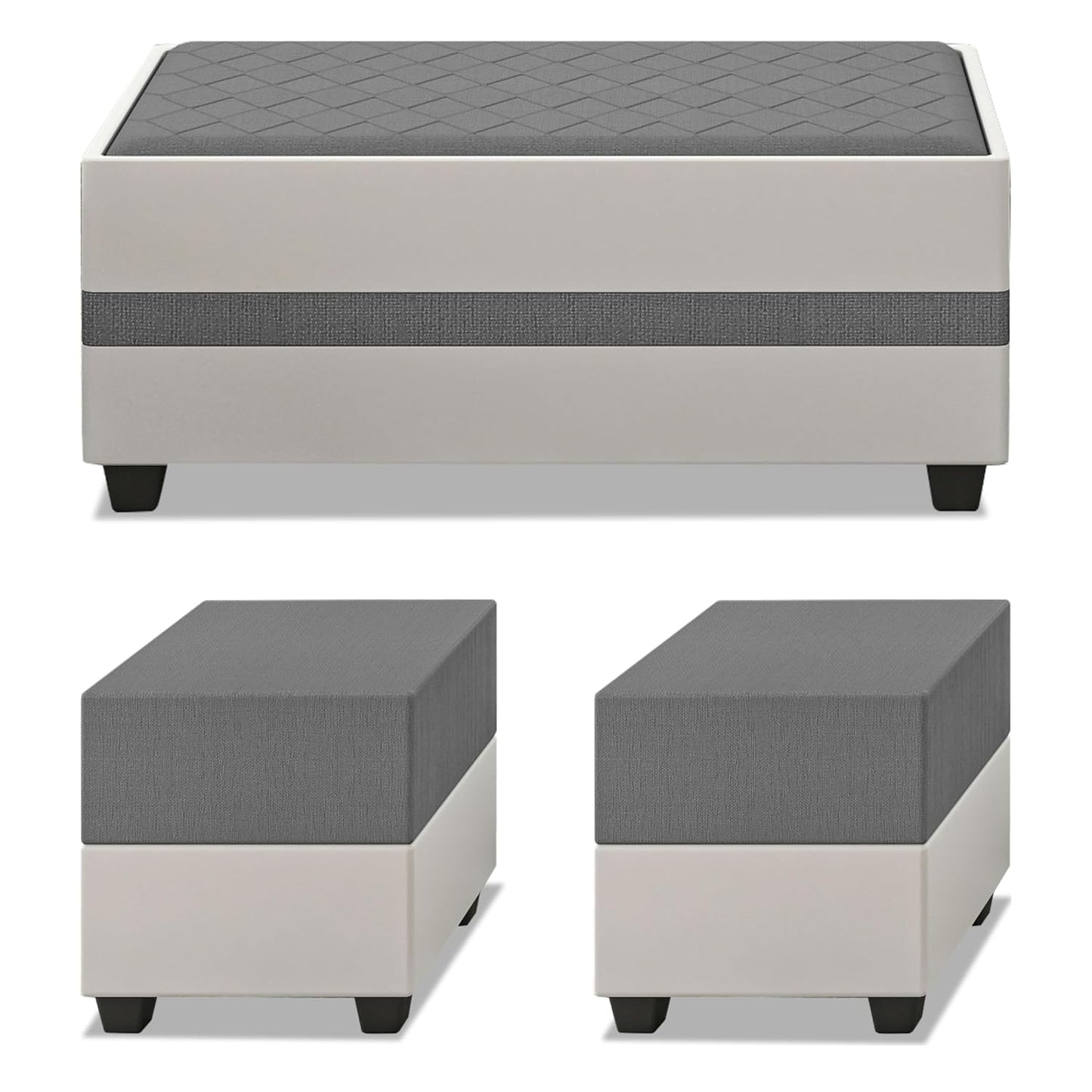 Adorn India Ashley Digitel Print Leatherette Fabric L Shape 8 Seater Sofa Set with 2 Ottoman Puffy & Center Table LHS (Grey & White) (3 Year Warranty)