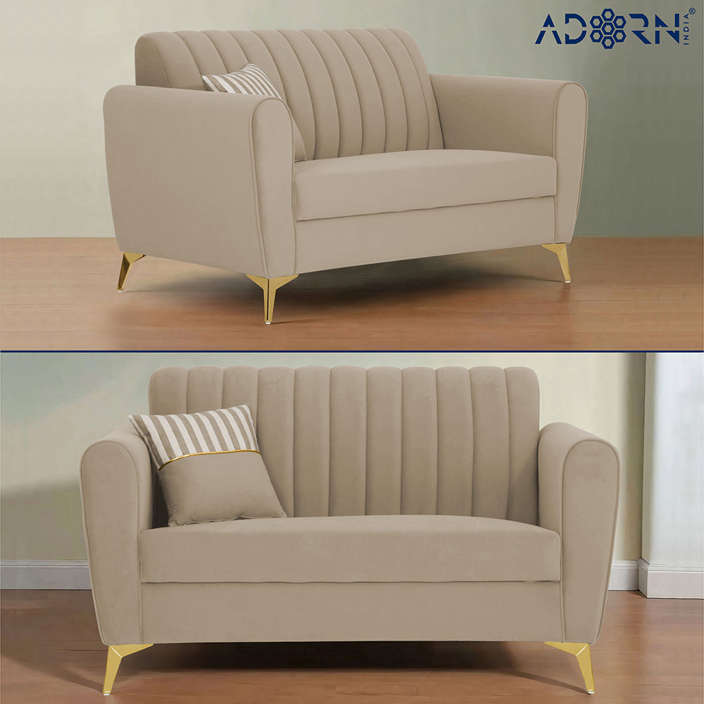 Adorn India Premium Luster 3-2 Sofa Set | Velvet Suede Fabric | 3-Year Warranty | Color Beige with Golden Legs & Striped Pattern Cushion