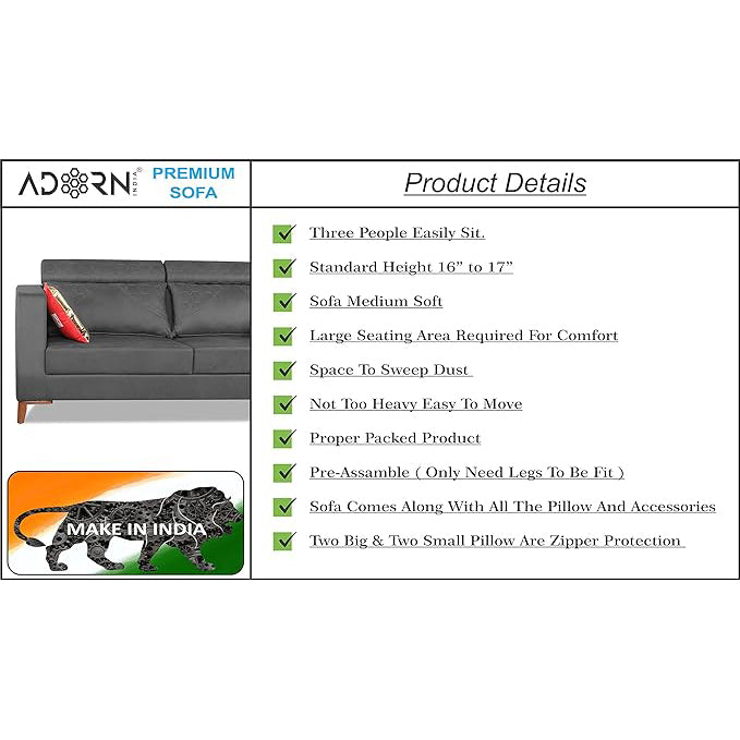 Adorn India Premium Pluto 3 Seater Sofa (Grey)